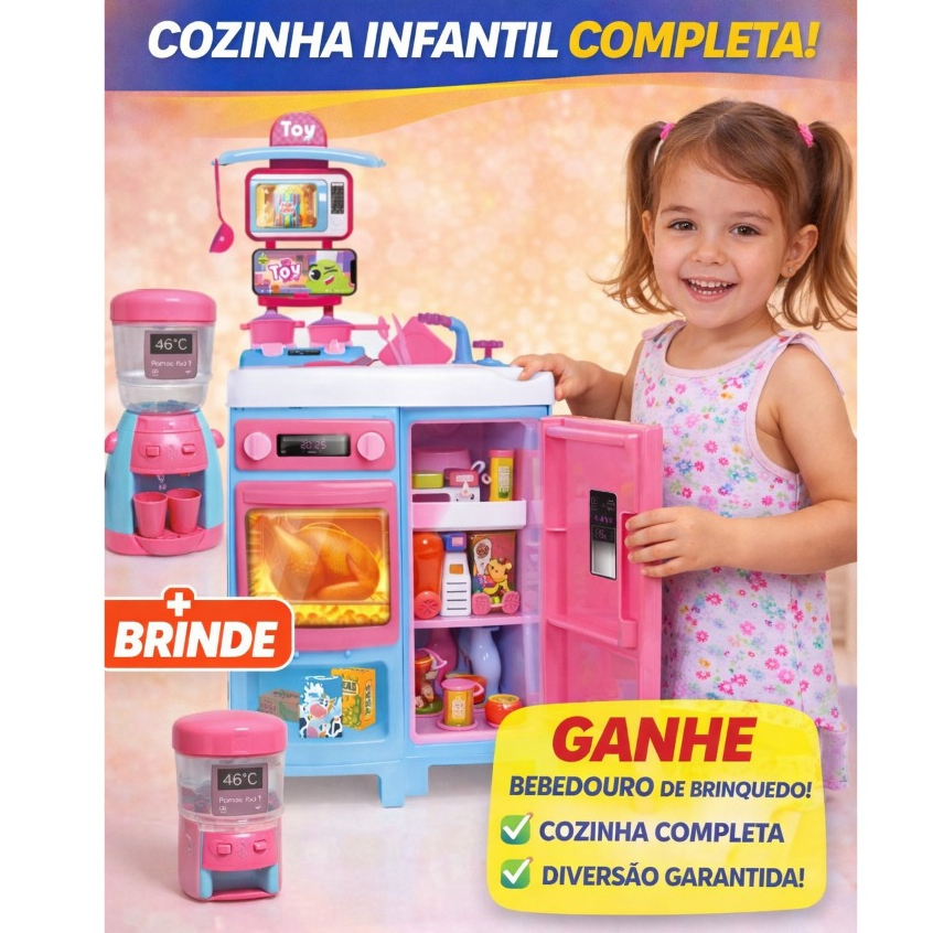 Kit Cozinha Infantil Completa GRANDE 92cm + Bebedouro de Brinquedo  Educativo Menina