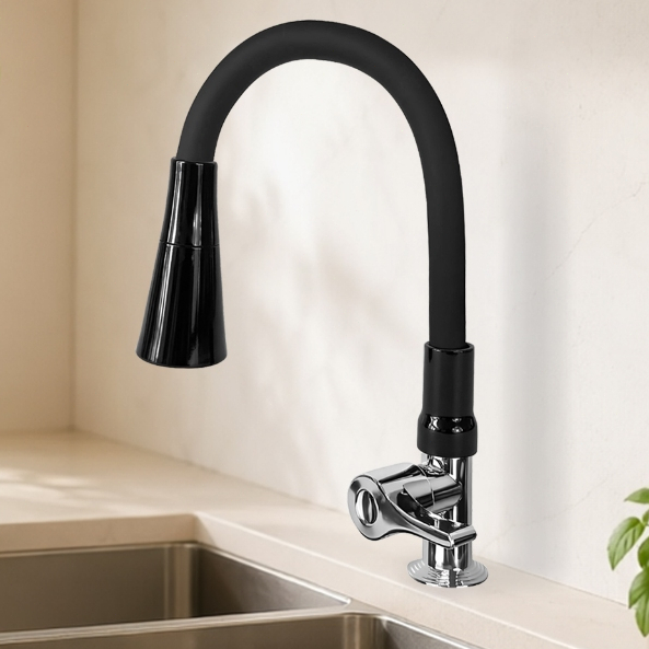 Torneira de água fria: cores preta e prata, instalação parede ou bancada, material resistente