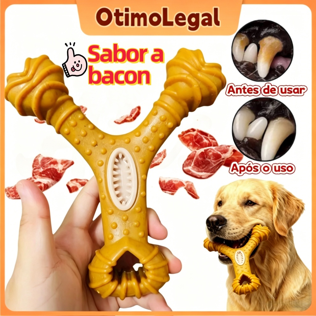 Brinquedo Interativo de Mastigação para Cães - Limpeza Dental que Remove Tártaro e Sabor Bacon