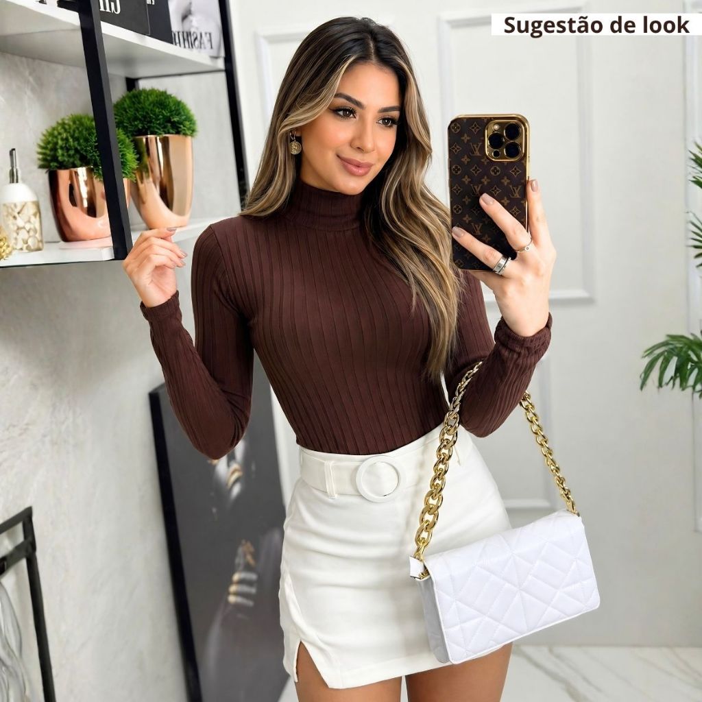 Blusa Cacharrel Feminina Manga Longa Canelada Gola Alta Slim Fit Inverno Elegante Confortável Blusa Segunda Pele