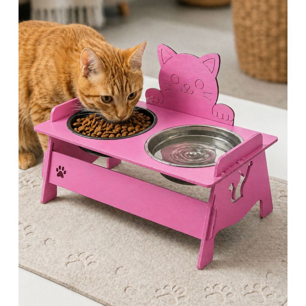 comedouro gato ou cachorro pet elevado agua ração postura rosa ou azul mdf com desenho duplo