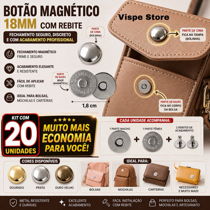 Kit 20 Botões Imã Magnetico 18mm Rebite Costura Externa Bolsa Mochila Artesanato Fixacao Resistente
