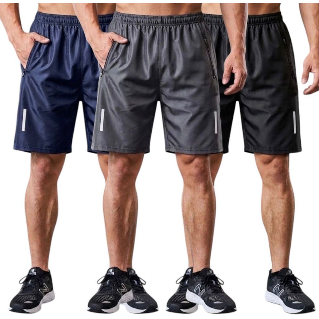 Kit 3 Pç Shorts Masculina Esporte Academia Ziper Refletivo Masculino