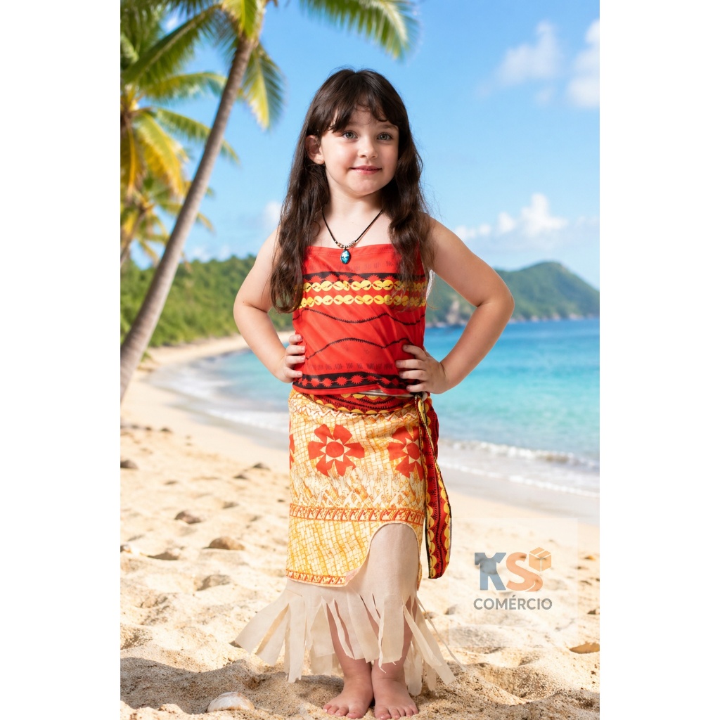 Fantasia Infantil Moana Vestido com Colar Menina 2 a 10 Anos Carnaval Halloween Festa Princesa