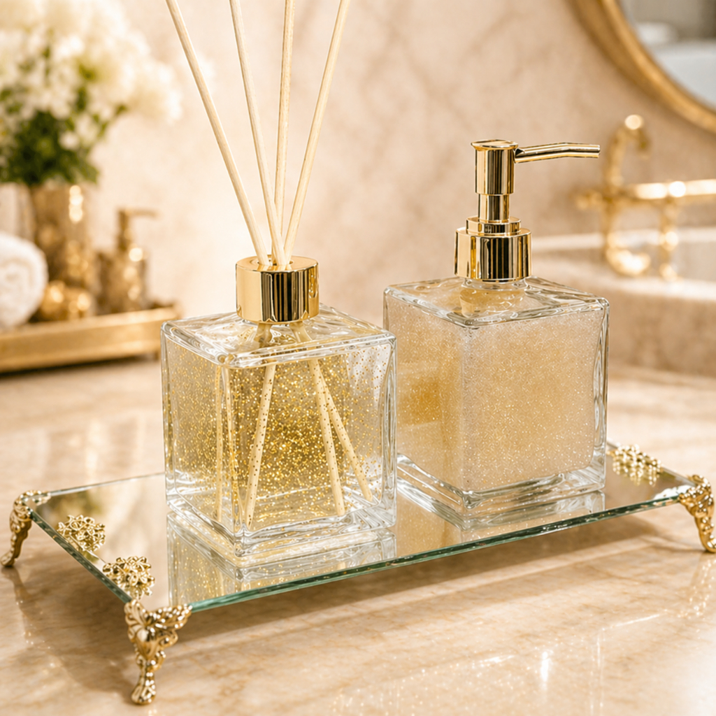 Kit Lavabo Banheiro em Vidro Cubo Transparente 250ml com Saboneteira Aromatizador Bandeja