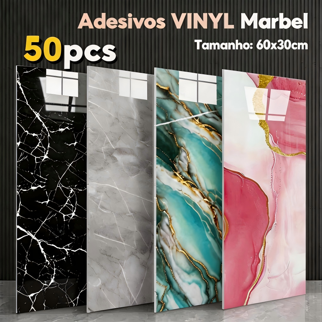 Kit com 40, 20 ou10 Placas Adesivas Efeito Mármore 60x30cm | Decoração Moderna para Sala, Quarto e Cozinha