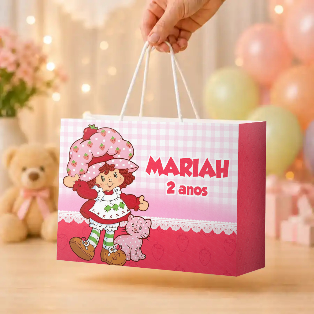 Kit de Sacolinhas Personalizadas MORANGUINHO BABY | Lembrancinhas com Nome e Idade da Criança | "SACOLINHAS COLADAS"