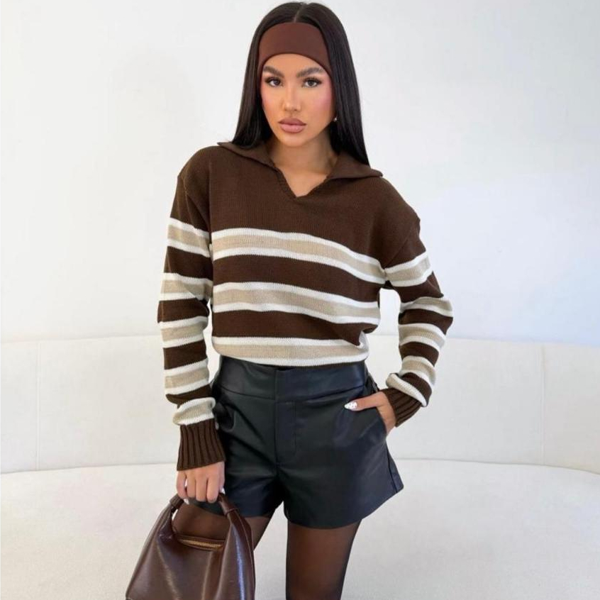 Blusa Gringa Sueter Feminino Tricot Listrada Gola Polo Inverno