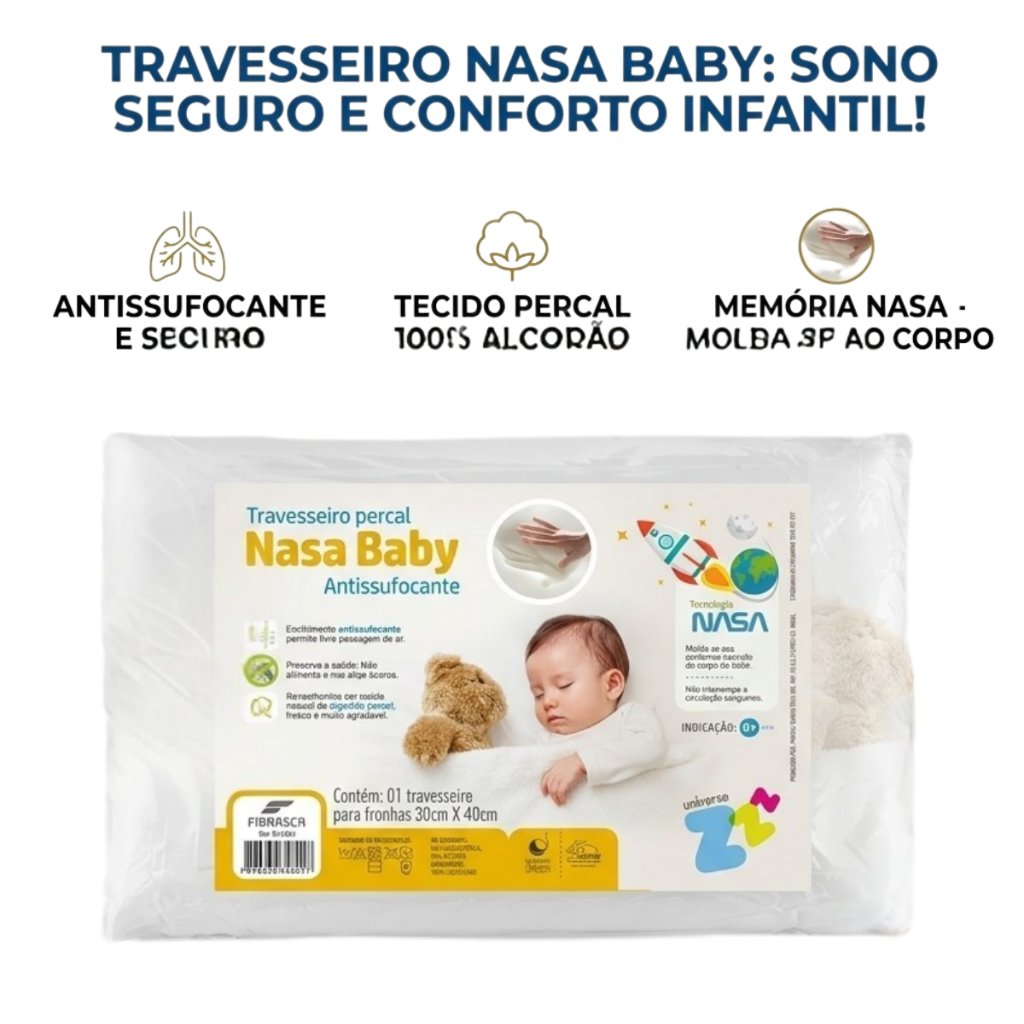 Travesseiro Bebê Nasa Baby Fibrasca Viscoelástico Antissufocante Antialérgico Capa Percal Toque Macio Original