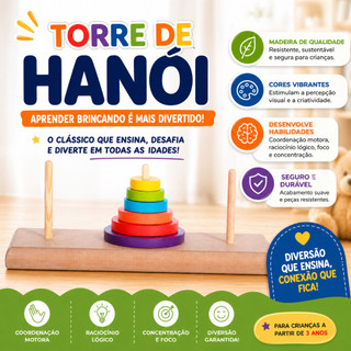 Torre de Hanoi Madeira Jogo Educativo Lógico Raciocínio Pedagógico Brinquedo Autismo TEA