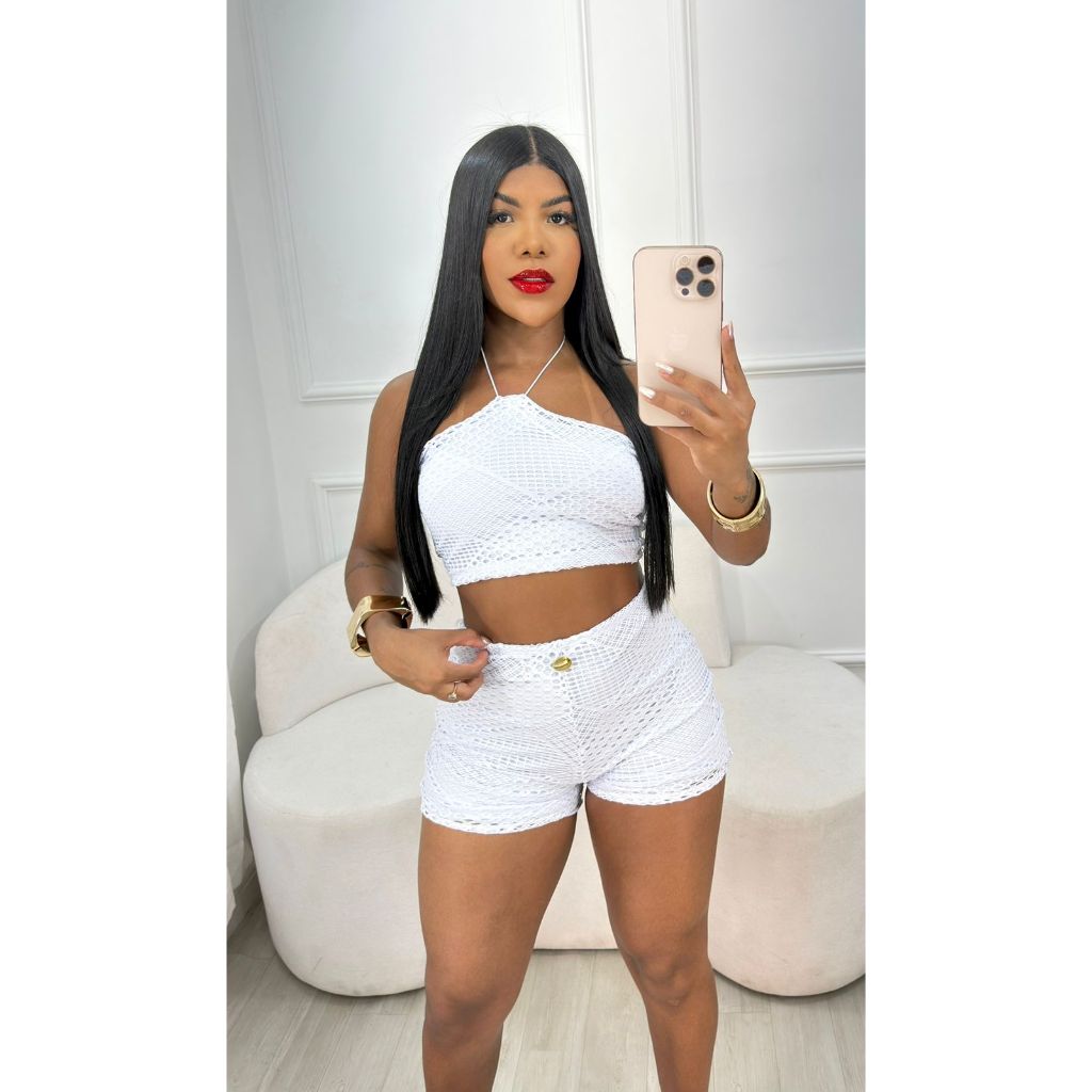 Conjunto em Malha Tricot com forro e bojo - conjunto feminino short curto e cropped top blusa amarração tendência