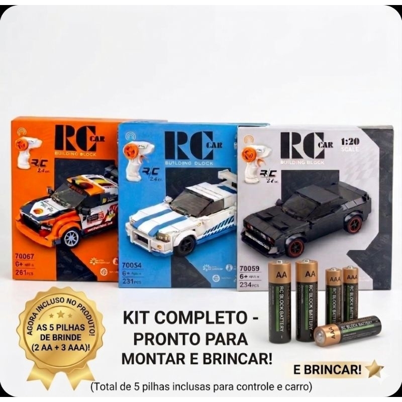 Carrinho RC de Montar + Pilhas de brinde 2.4GHz Building Block Controle Remoto 3 Modelos 1:20 Tipo Lego