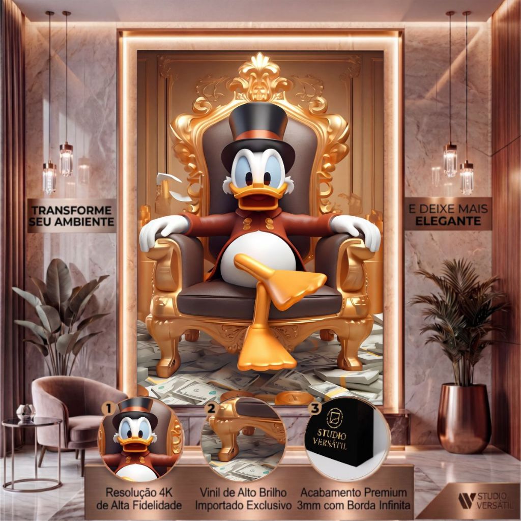 Quadro Decorativo Tio patinhas no trono Money Dinheiro Luxo para Casa Sala Quarto escritorio