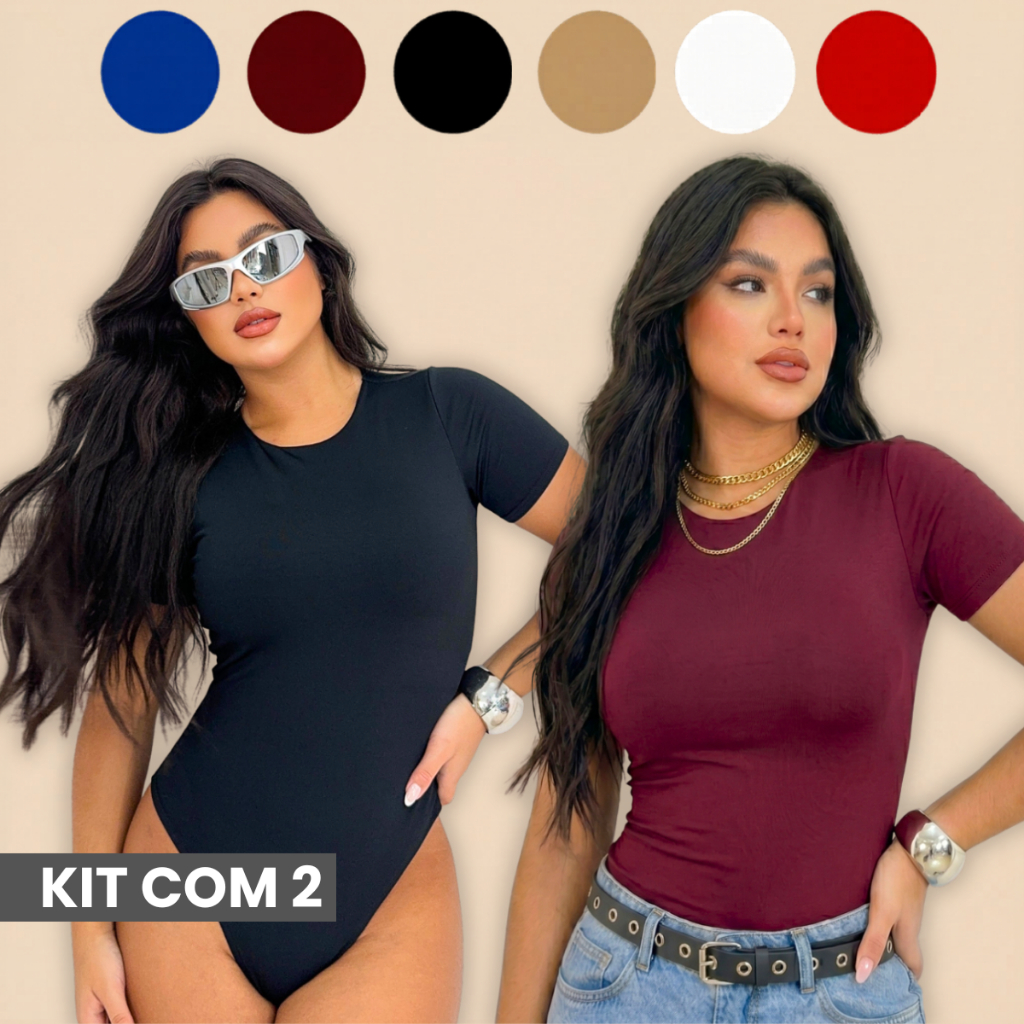 Kit 2 Body Manga Curta Collant Bori Feminino Moda Verão Gringa Básico Suplex Bodi Gola Redonda Manguinha Forrado Bory