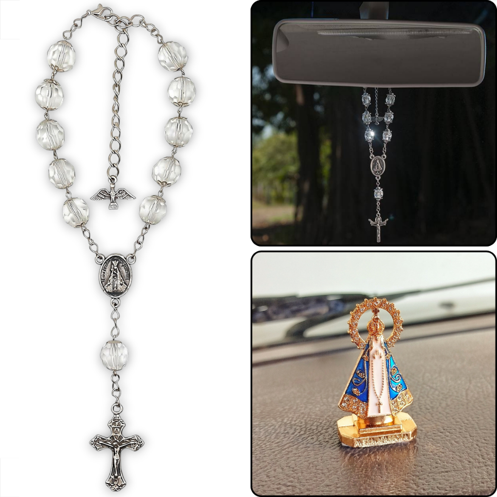 AB-Versa Kit Santinha Imagem de Nossa Senhora Aparecida  Dezena Terço para Carro Presente Devocional