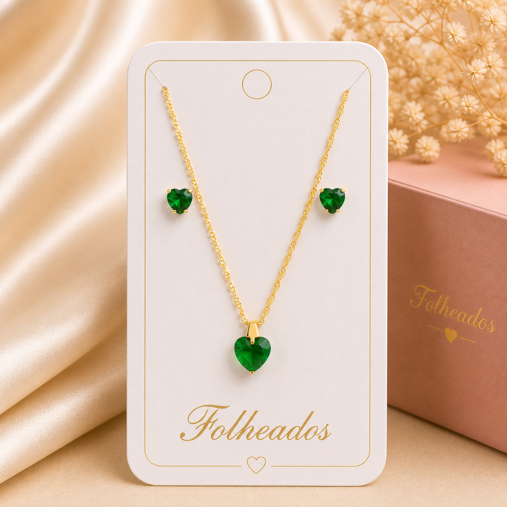 Conjunto Colar e Brincos Pingente Coração Pedra Cristal Ponto de Luz Feminino Folheado de Ouro 18K