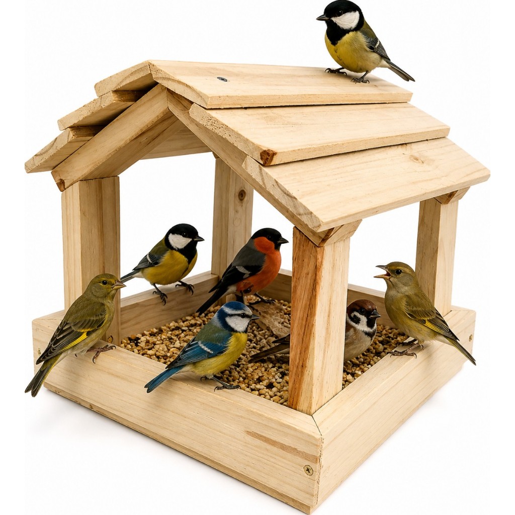 Casinha de Pássaros em Madeira Artesanal Comedouro para Aves Alimentador Jardim Varanda Quintal Decoração Rústica
