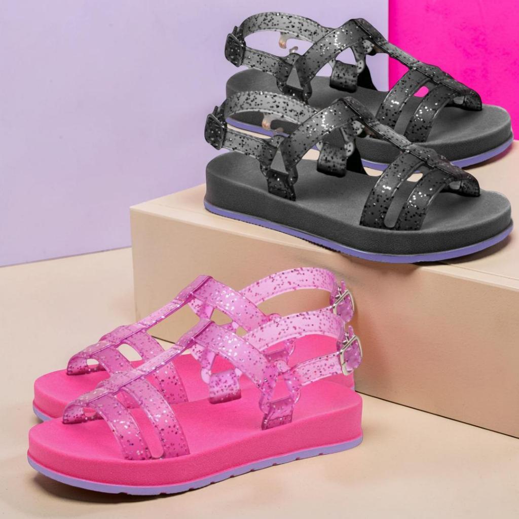 Sandália Feminina Juvenil Brilhante – Cores Rosa e Preta, Calce Prático | Achadinhos NC