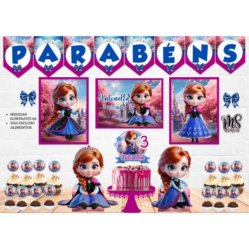 Kit Festa Princesa Ana Frozen| Personalizado Só um Bolinho | Mesversário Aniversário | 40 itens | Decoração