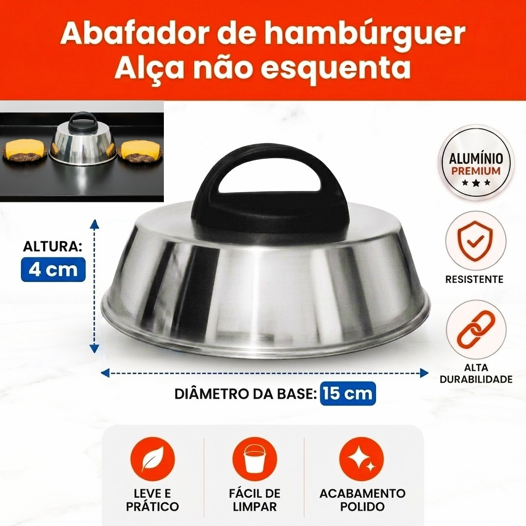 Abafador De Hambúrguer Alumínio Polido - alça NÃO ESQUENTA