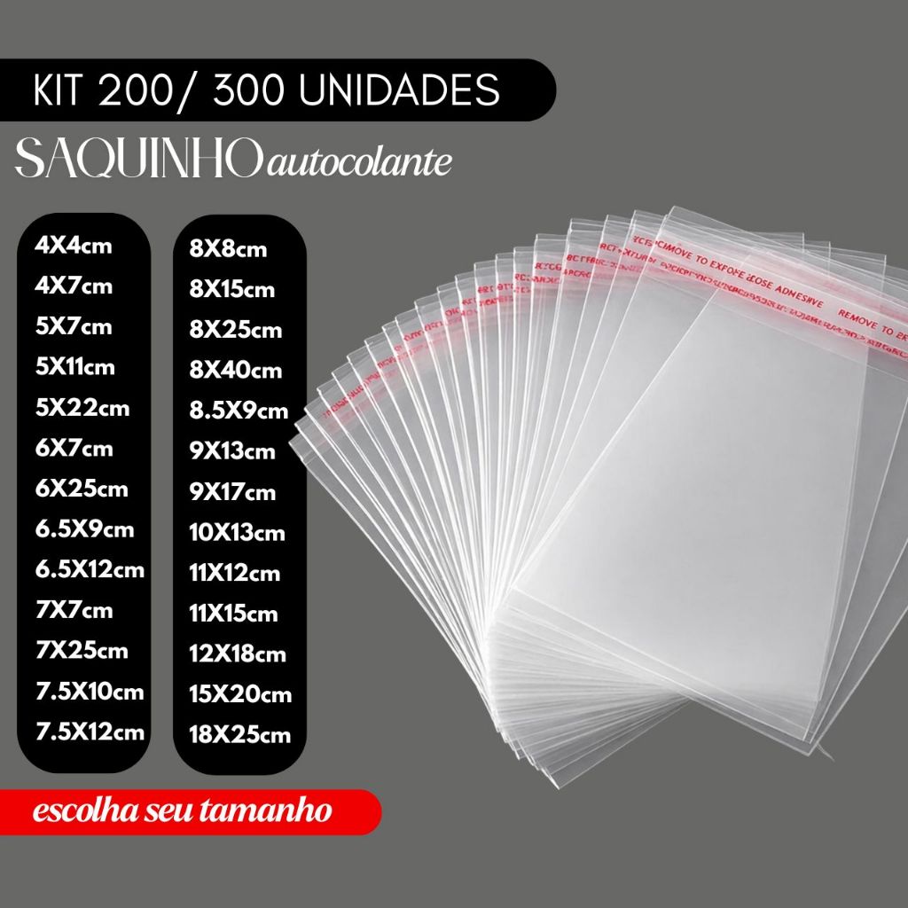 Kit 200/300 Saquinhos Autocolante Transparente Saco Adesivo Embalagem Resistente Semijoias Roupas Papelaria Eletrônicos