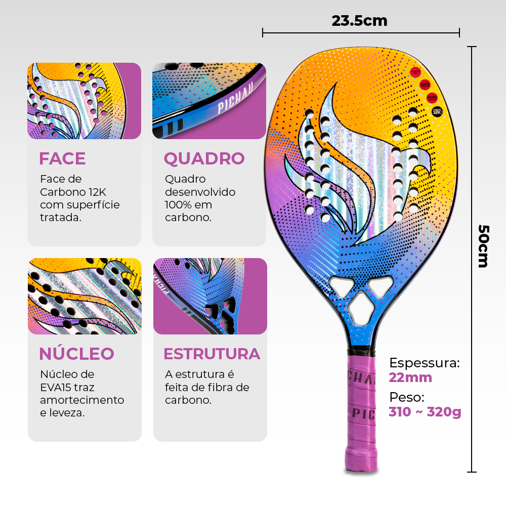 Raquete de Beach Tennis Pichau Nazareth Beach 12K Carbon 28 Furos, PES-RKT-NB