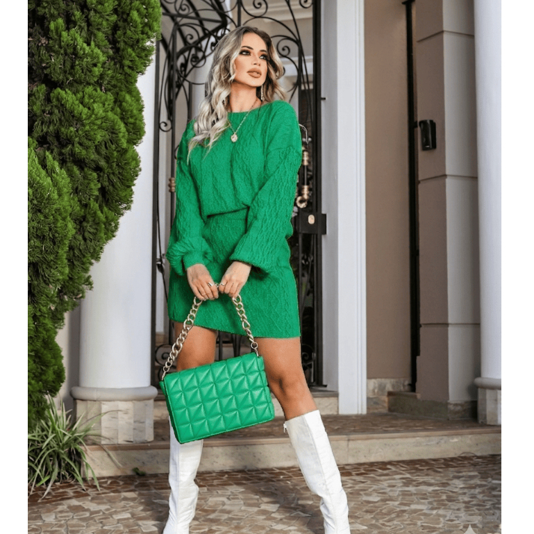 Blusa e Saia Tricô Feminino Inverno Manga Longa Texturizado Gola Redonda Casual Chic Gringa