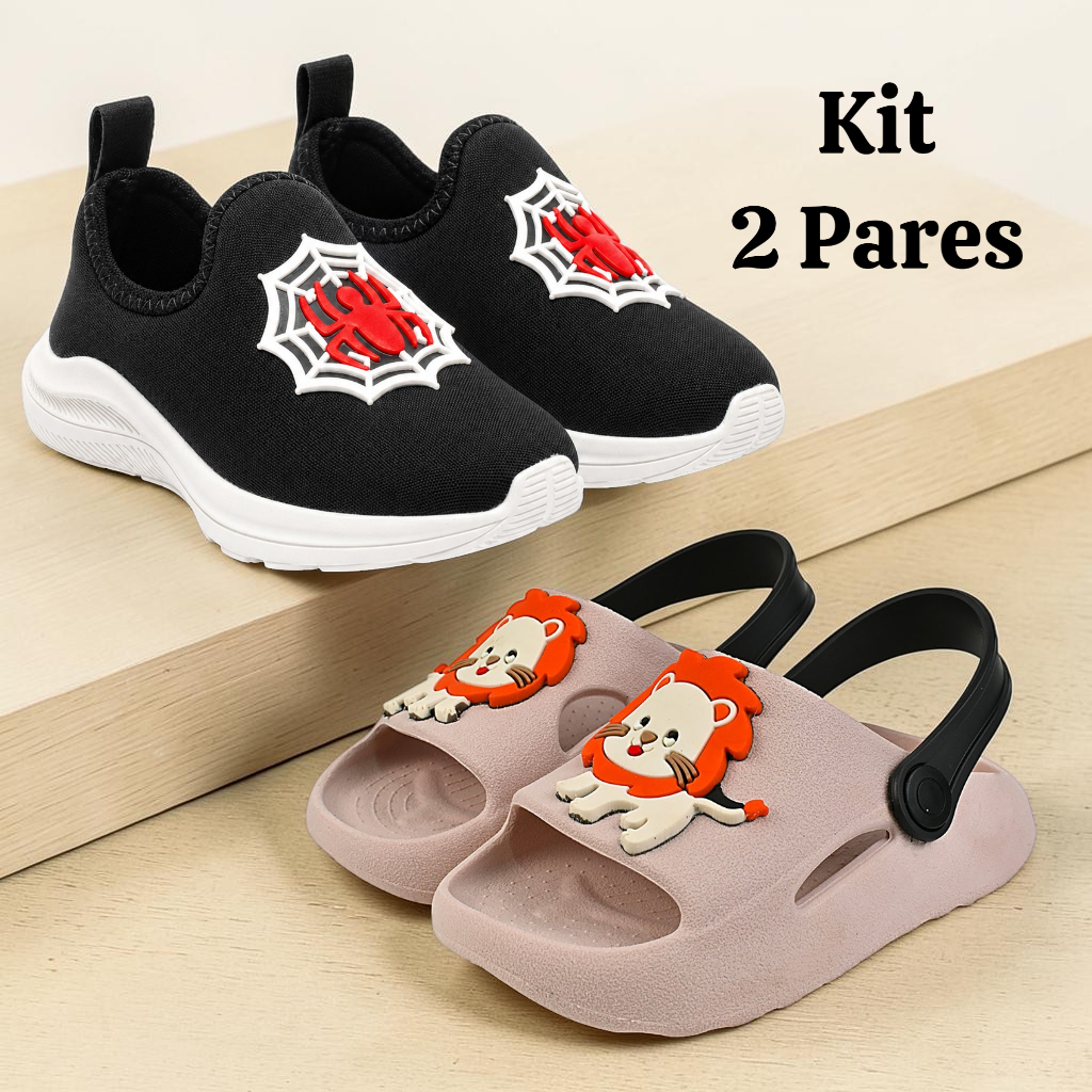 Kit 2 Pares Tênis Infantil Menino e Sandália Macia Confortável