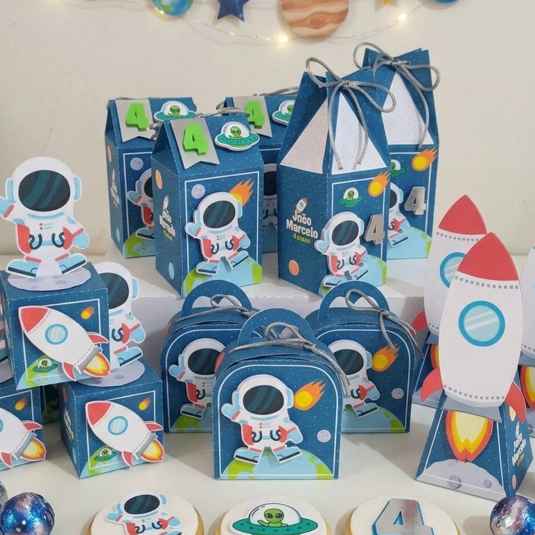 PEGUE E MONTE|Kit Festa Personalizado| ASTRONAUTA MENINO | Caixinhas Lembrancinha para Aniversário - SEMIMONTADAS