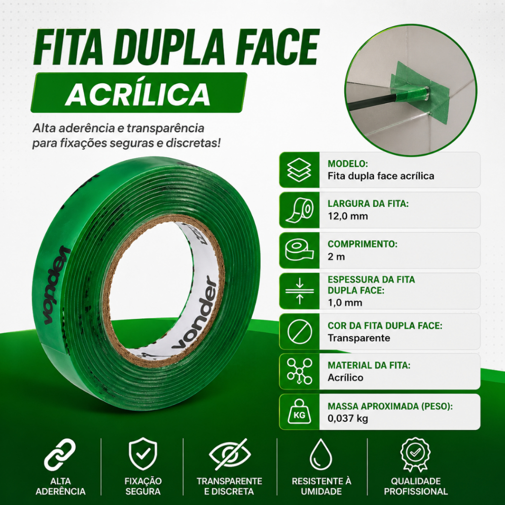 Fita Dupla Face Acrílica Extra Forte Transparente 12mm X 2m Vonder