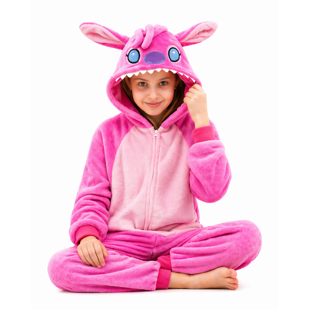 Pijama Macacão Angel Stitch rosa Menina Infantil Kigurumi De Pelúcia Com Zíper super quentinho
