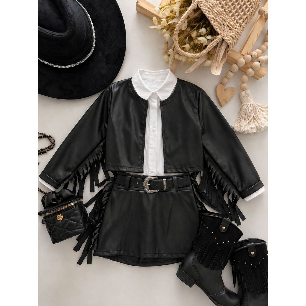 Conjunto Infantil Boiadeira Luxo: Jaqueta e Saia com Franjas – O Look Favorito das Mini Fashionistas.