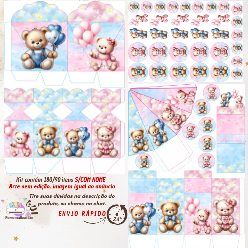 KIT COM 180/90 ITENS LEMBRANCINHAS S/COM NOME TEMA: CHÁ DE BEBE AZUL E ROSA(Envio Rápido)
