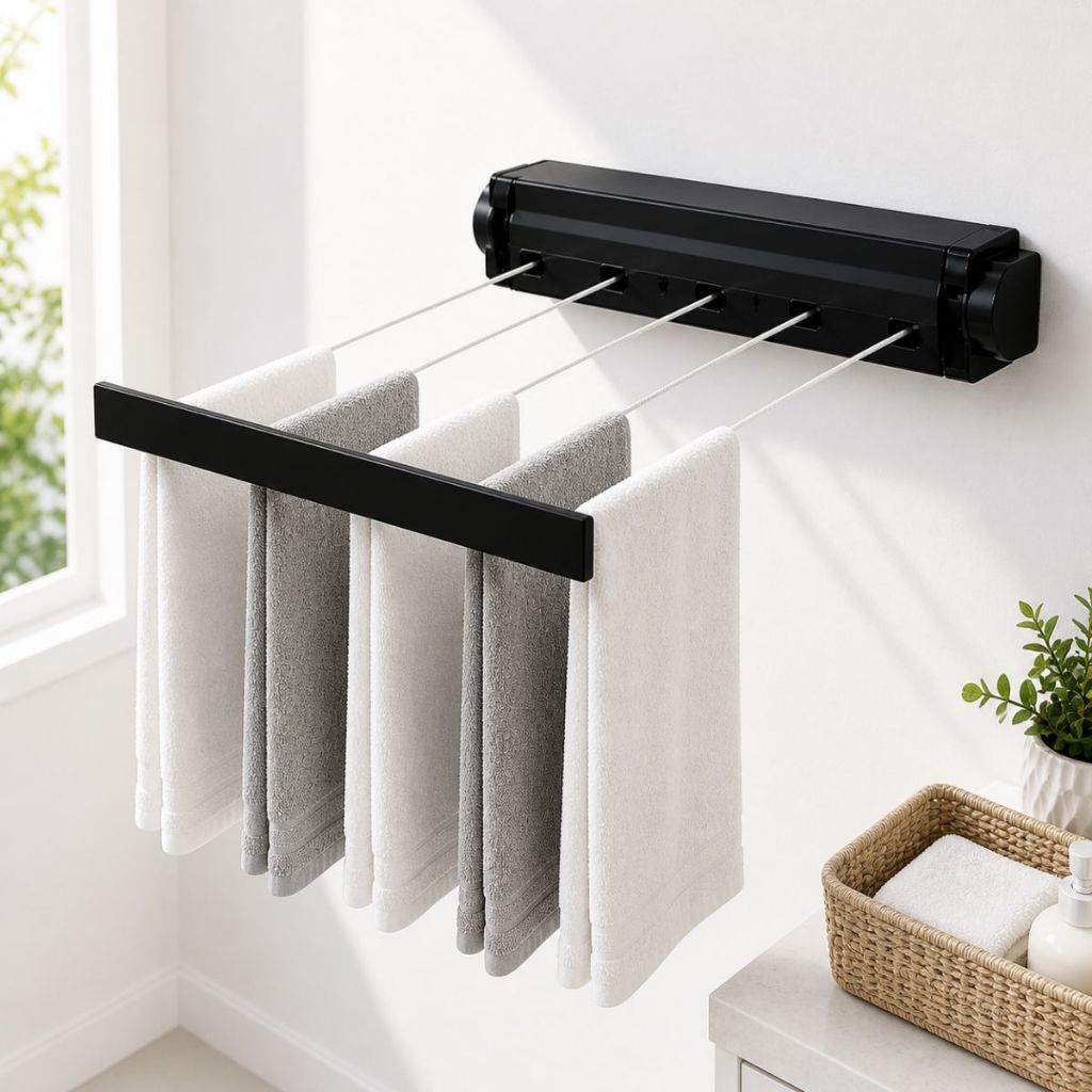 Varal De Parede Automático Rotoflex Para Apartamento Ou Casa Preto – 5 Cordas Retrátil