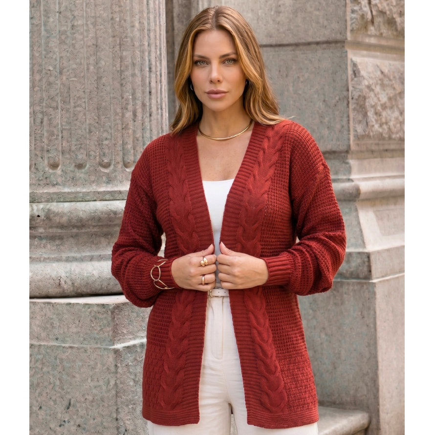 Casaco Feminino Cardigan Lã Kimono com Trança Blusa de Frio Inverno Tricot Premium