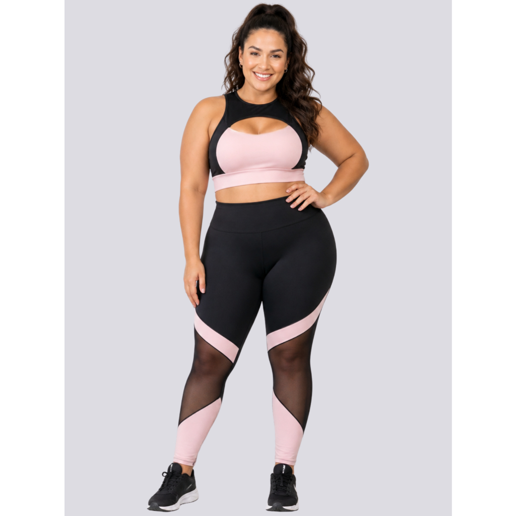 Conjuntos Academia Top Nadador E Calça Cós Alto Plus Size Sem Transparência