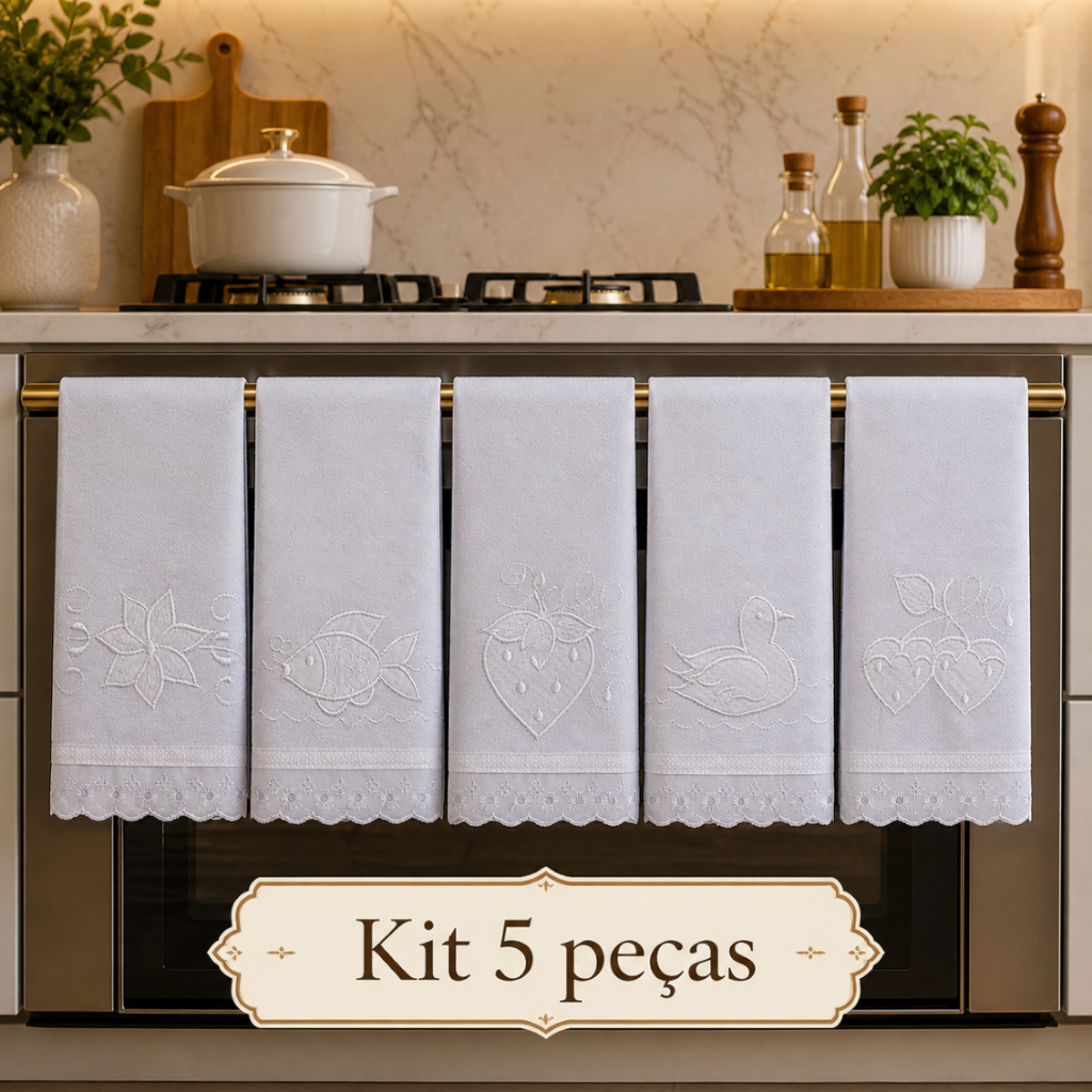 Pano de Prato Bordado BRANCO Kit 5 peças Lançamento