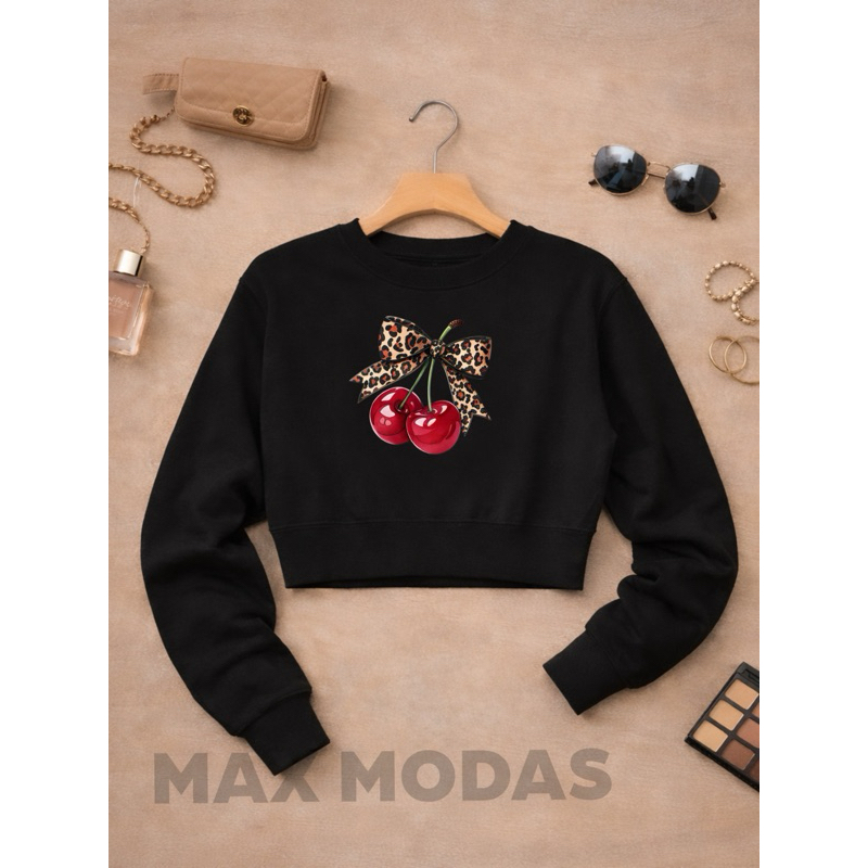 Blusa Moletom Feminino Cropped Gola Careca Suéter Cereja Laço Oncinha Premium Inverno Confortável