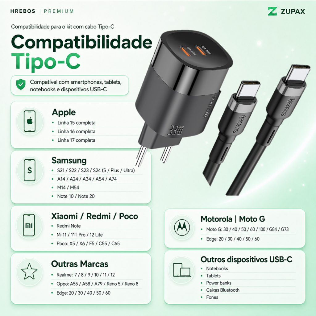 Carregador Hrebos Turbo 33W PD Tipo C Premium Proteção Contra Sobrecarga e Aquecimento Bivolt — imagem 2 de 2