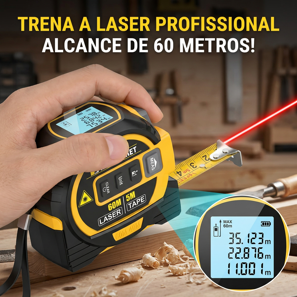 Trena Digital 3 em 1 com Função nivel a laser 4D 40M-60m Fita Métrica