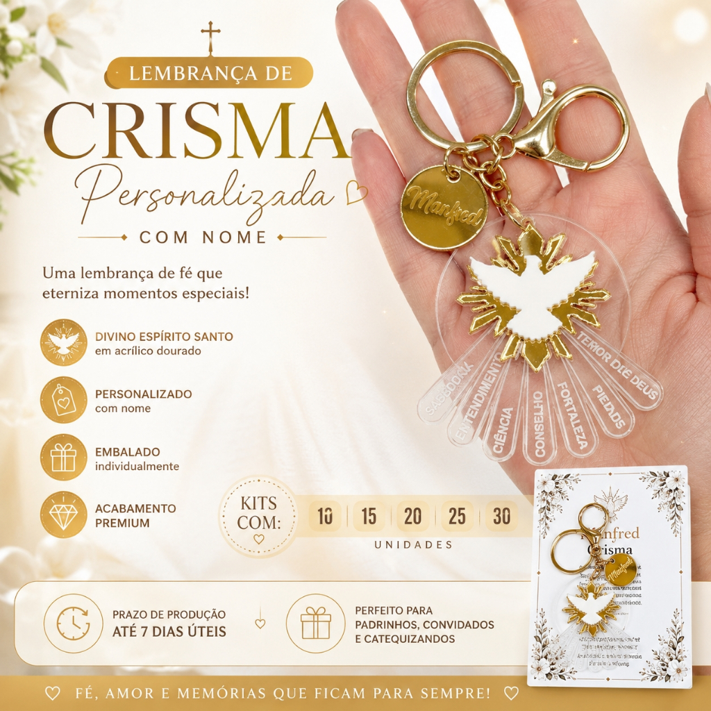 Lembrança de Crisma Personalizada com Nome Kit Chaveiro Divino Espírito Santo com 10, 15, 20, 25 e 30 Unidades