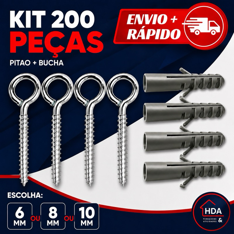 Kit Gancho Fechado Pitão e Bucha para Fixação de 6, 8 ou 10 mm - 200 peças - São Raphael