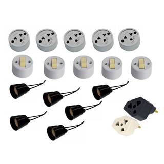 Kit instalação residencial - 5 tomada externa ~ 5 interruptor externo ~ 6 soquete para lâmpada - 2 adaptador de tomada
