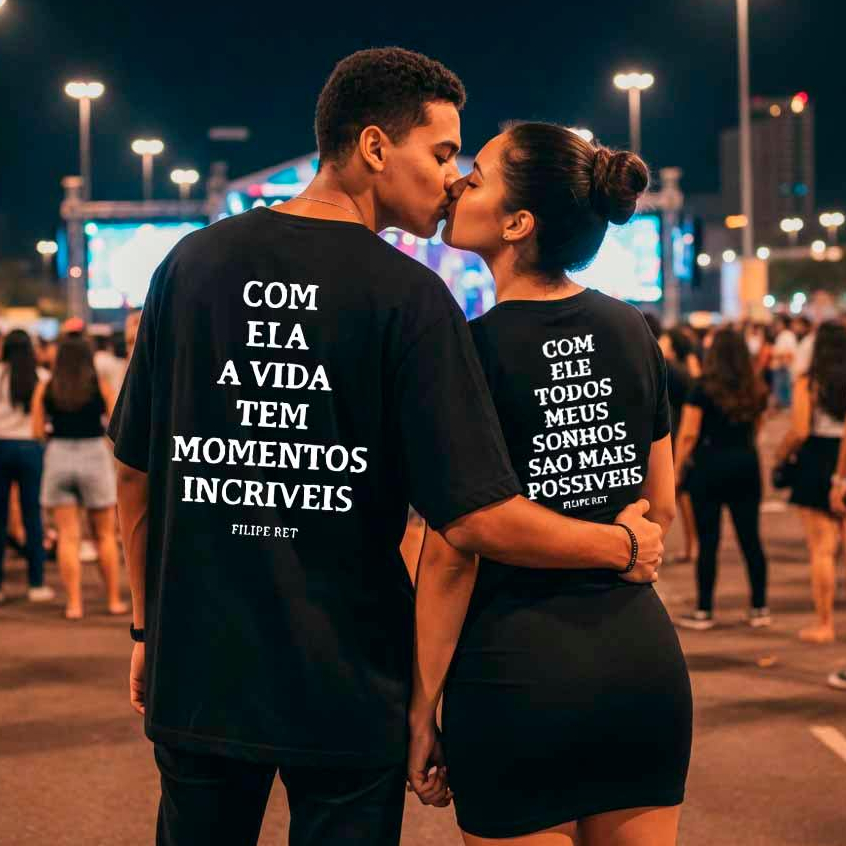 Kit Casal 2 Camisetas Básica Frase Felipe Ret Arte Dia Dos Namorados Presente Especial Moda Street Unissex