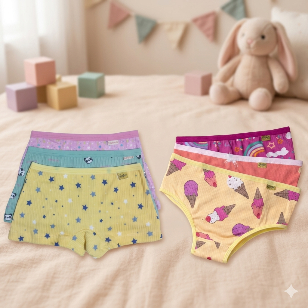 Kit Calcinha Infantil 4 Peças 2 Hadassa + 2 Shortinho  suede estampado Confortável  forro Algodão
