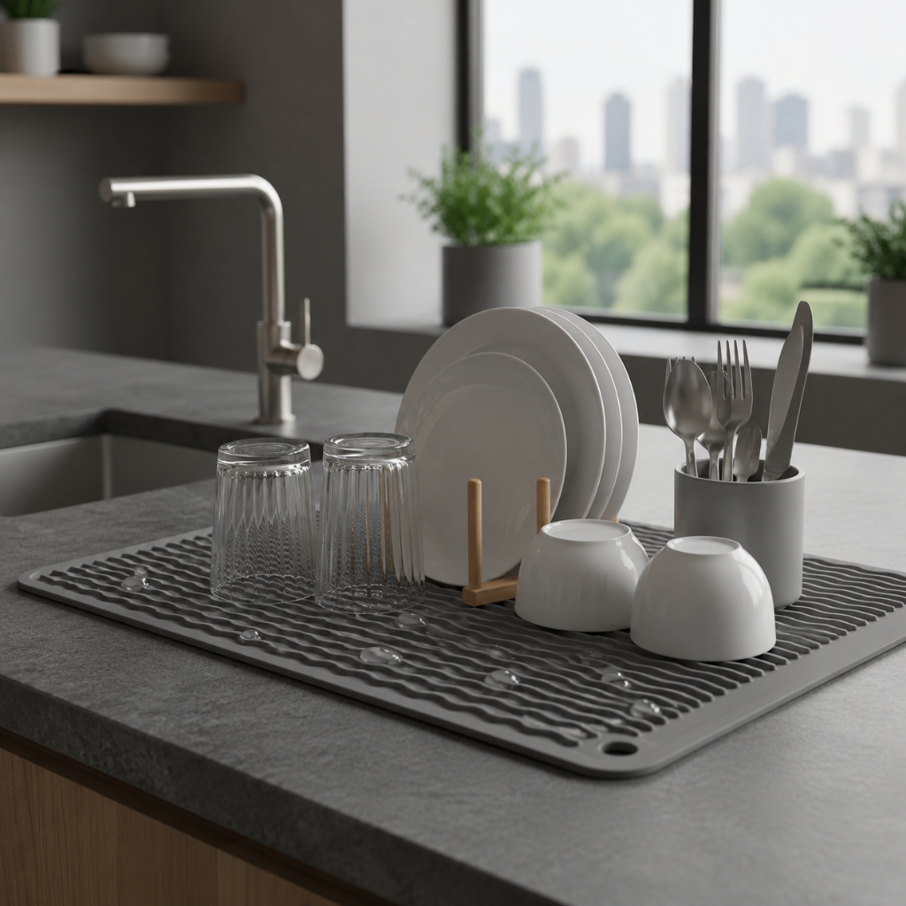 Tapete Escorredor De Louça Silicone 40x30 Cinza e Preto Bares Padaria Itens de Cozinha