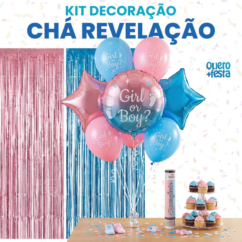 Kit Decoração Chá Revelação Completo | Balão Lança Confete Cortina Rosa e Azul Menino Menina Festa Chá de Bebê Boy Girl
