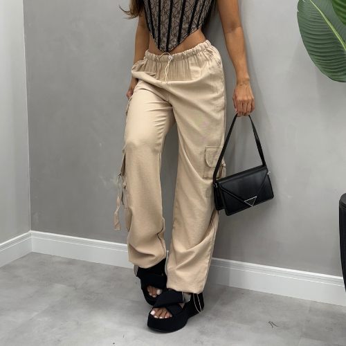 Calça Cargo Feminina Viscolinho Pré Lavado Cintura Alta Casual Elegante Confortável Chic Blogueira