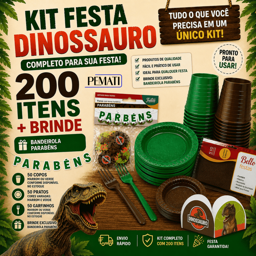 Kit festa dinossauro 200 itens com copos e pratos