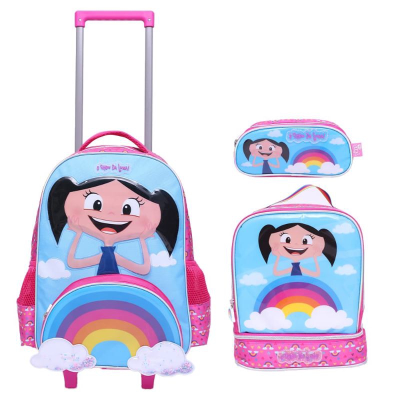 Kit Mochila Rodinhas O SHOW DA LUNA Arco Íris Brilhoso Infantil Escolar com Lancheira e Estojo Duplo